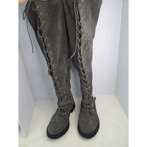 Shoe dazzle thigh high gray Faux suede lace up biker Style Chunky boot Sz 8.5